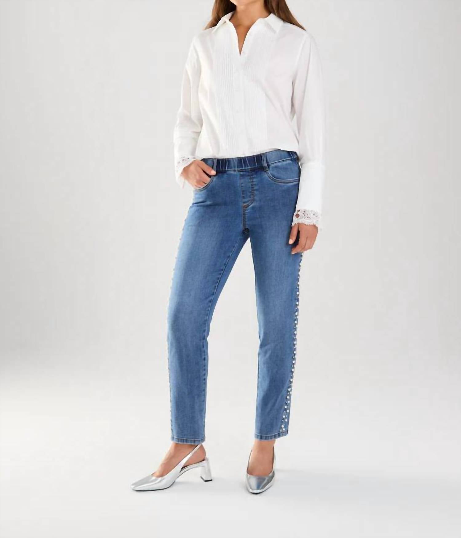 FDJ Phyllis Pull-on Pencil Ankle Denim With Pearl Embellishments Jeans in indigo - women's jeans - view 5