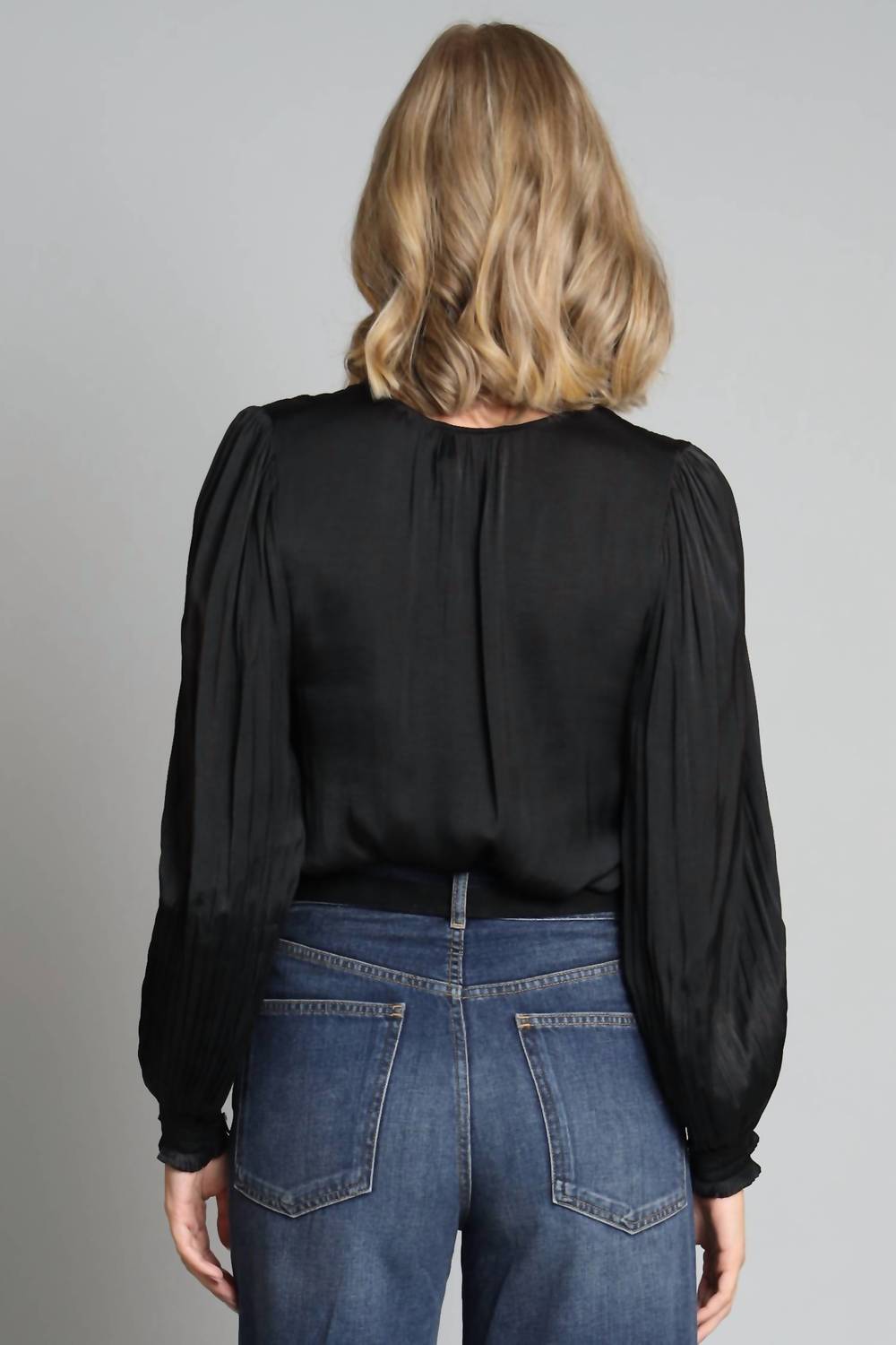 Lola & Sophie Pleated Sleeve V-neck Top in black - women's long sleeve top - detail view