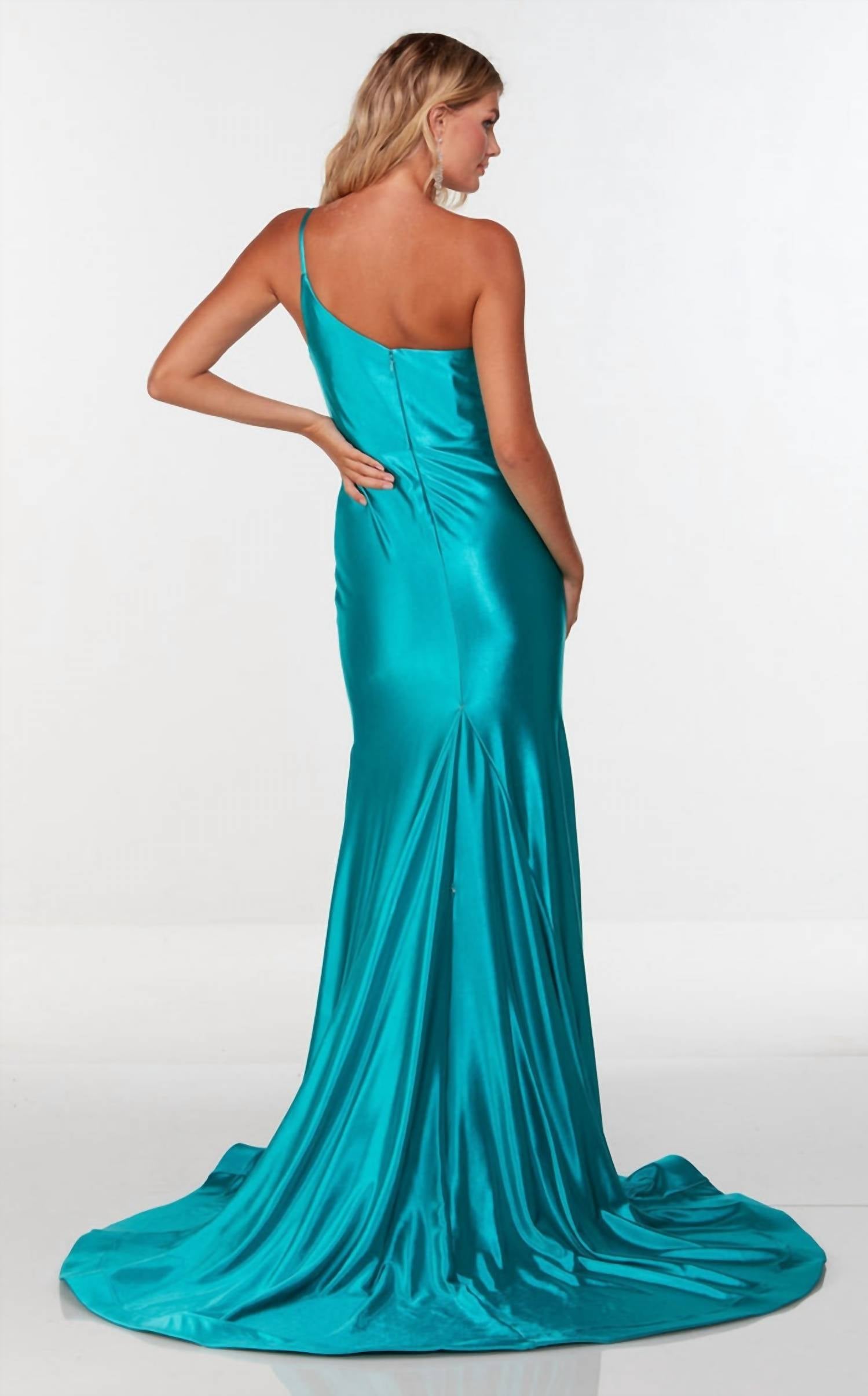 ALYCE PARIS Sleek One-shoulder Strappy High Slit Long Dress in lagoon - women's dress - alternate view