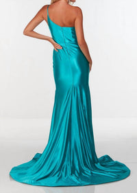 ALYCE PARIS Sleek One-shoulder Strappy High Slit Long Dress in lagoon - women's dress - detail view