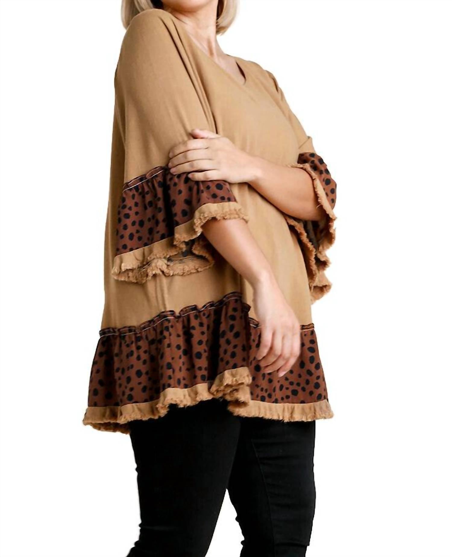 Umgee - Spotted Bell Sleeve Frayed Top