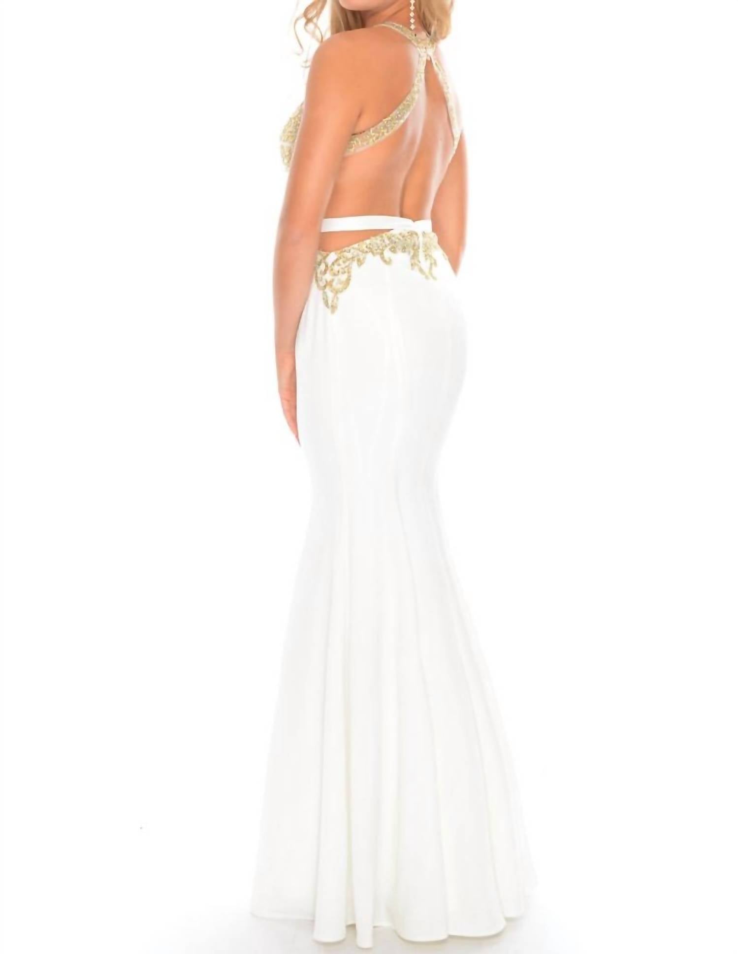 Precious Formals - Beaded High Neck Evening Gown