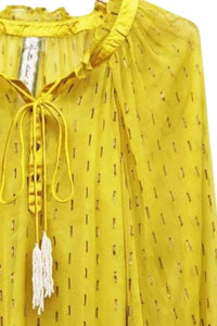 Aratta Women's Beaded Tassel Chiffon Blouse With Cami in mustard - women's blouse - detail view