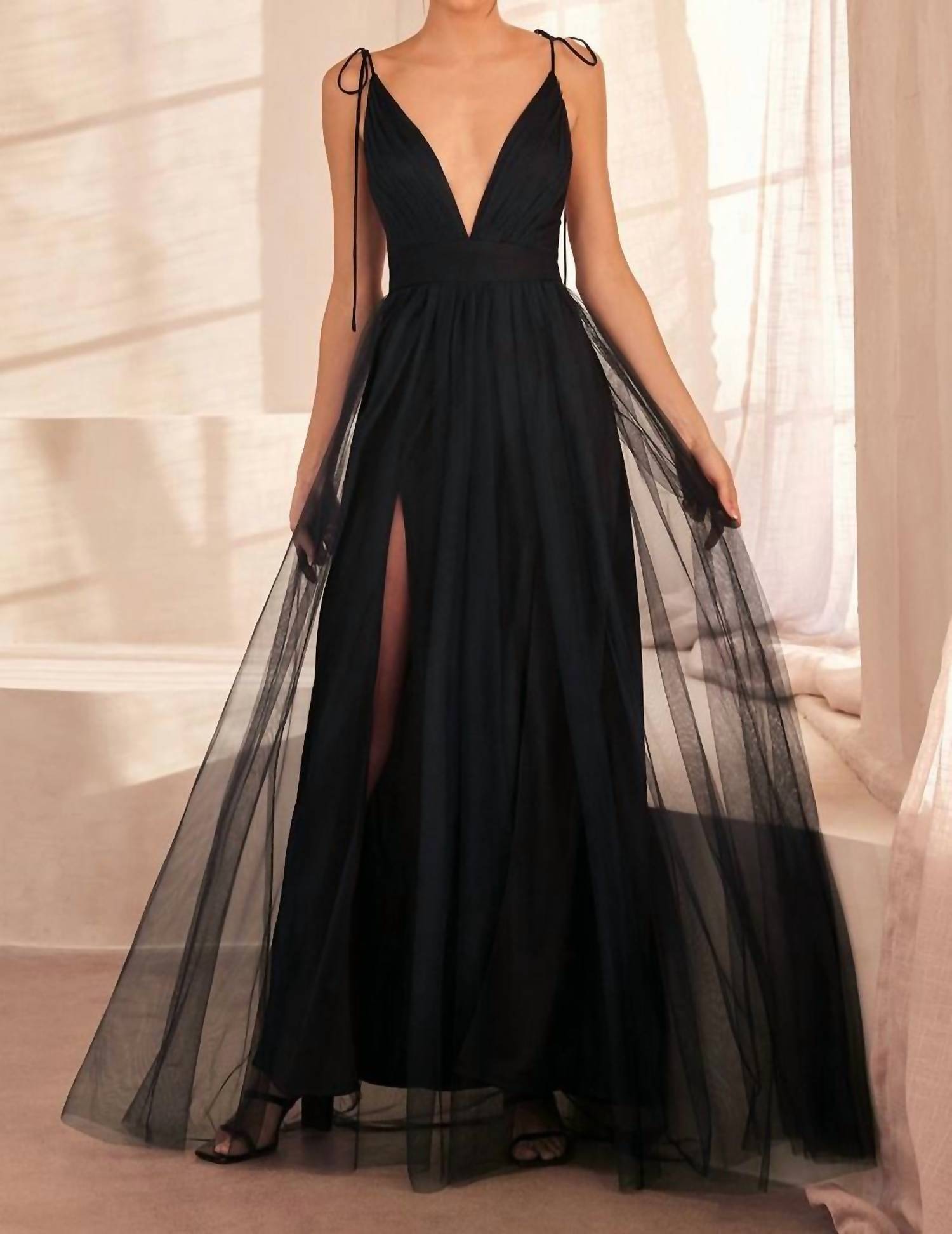 Ladivine - Plunging Neckline Illusion Slits Dress