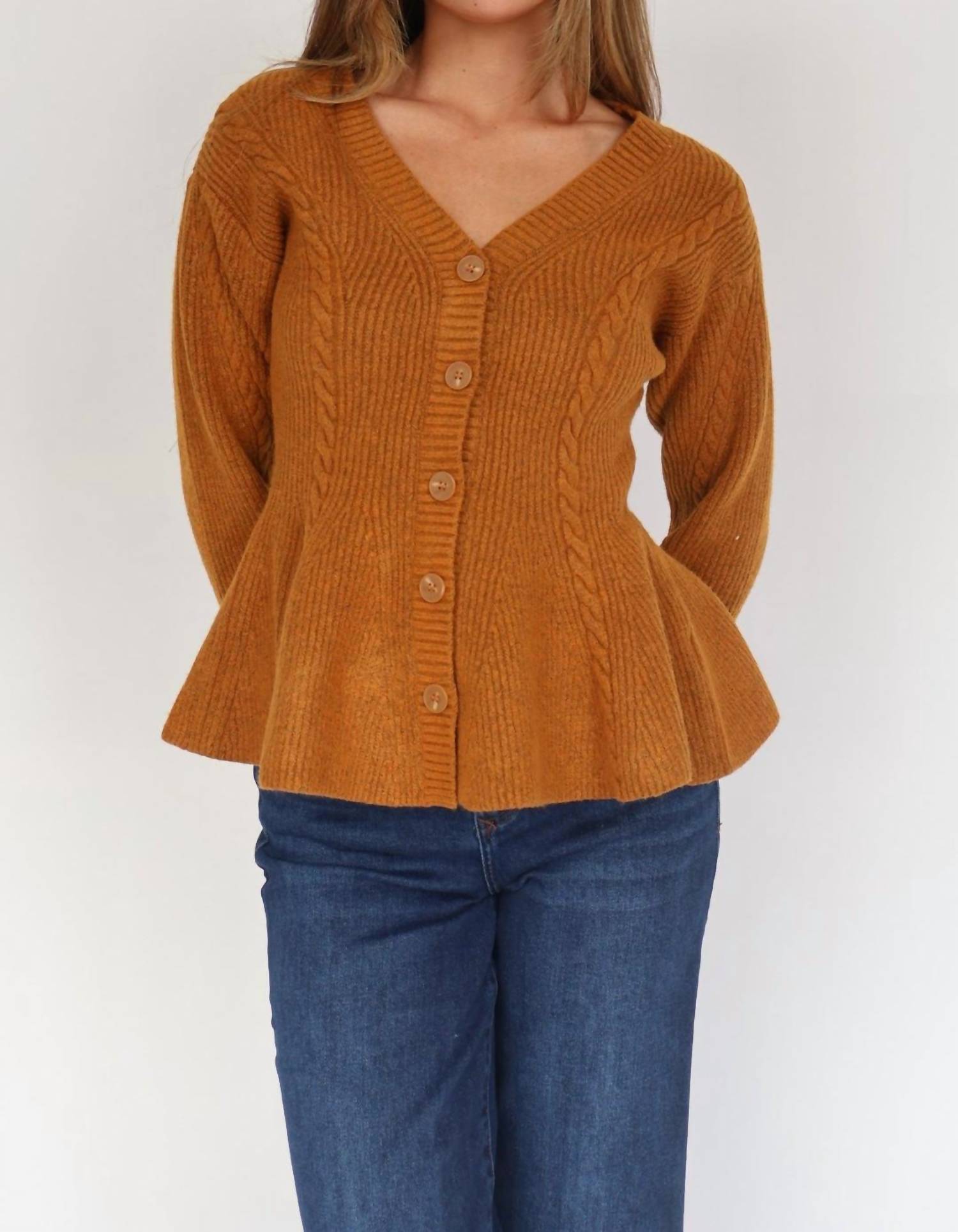 STEVE MADDEN Courtney Peplum Button Front Cardigan in pumpkin spice - women's cardigan
