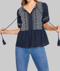 umgee Embroidered Peplum Blouse in navy - women's blouse