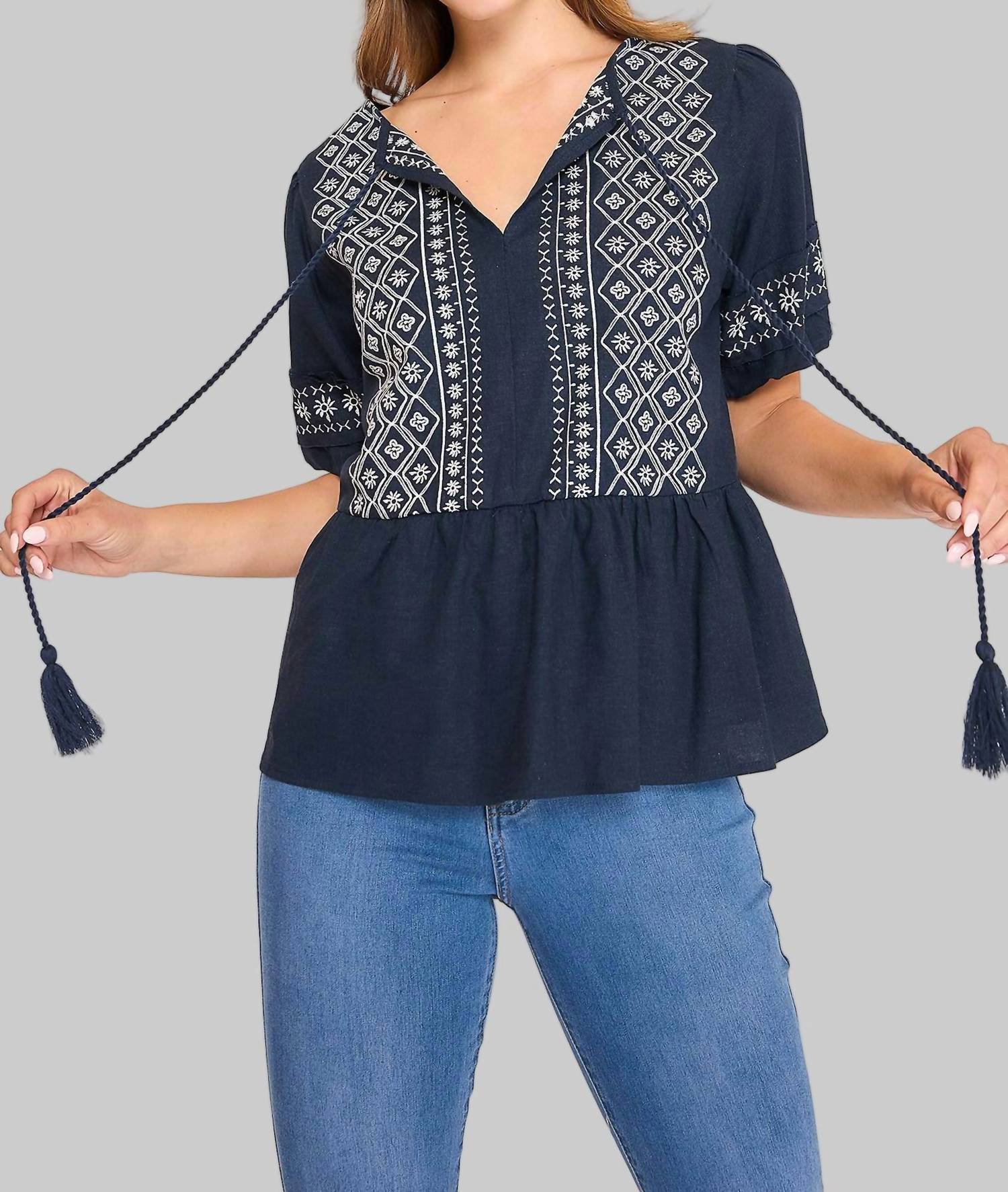 umgee Embroidered Peplum Blouse in navy - women's blouse