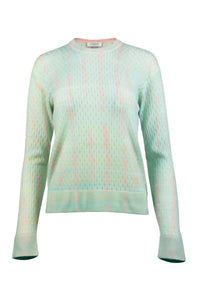 Kinross Women's Blurred Lines Pointelle Crew Neck Top in aquatic - women's long sleeve top - detail view