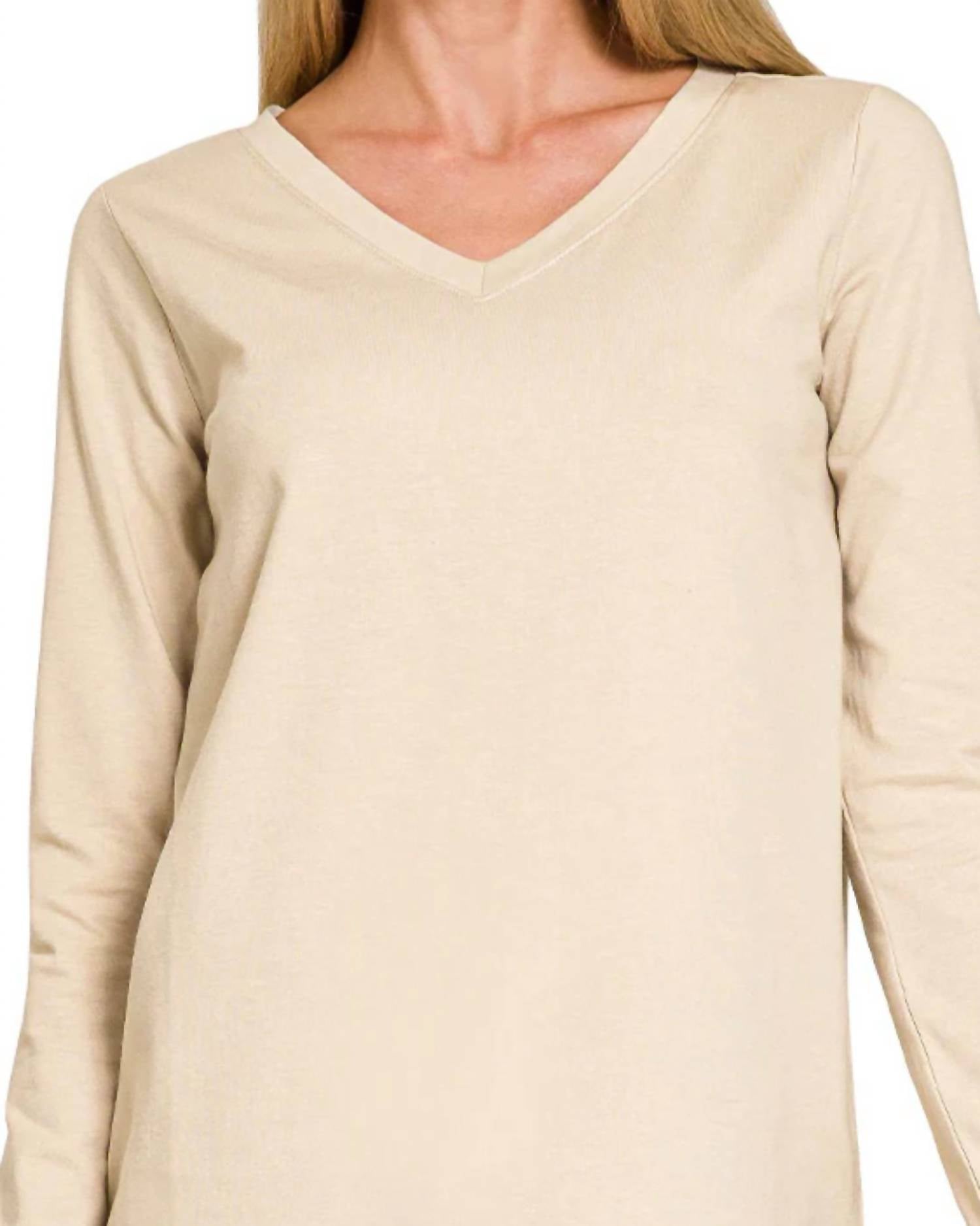 Zenana - Cotton V-neck Long Sleeve Tee