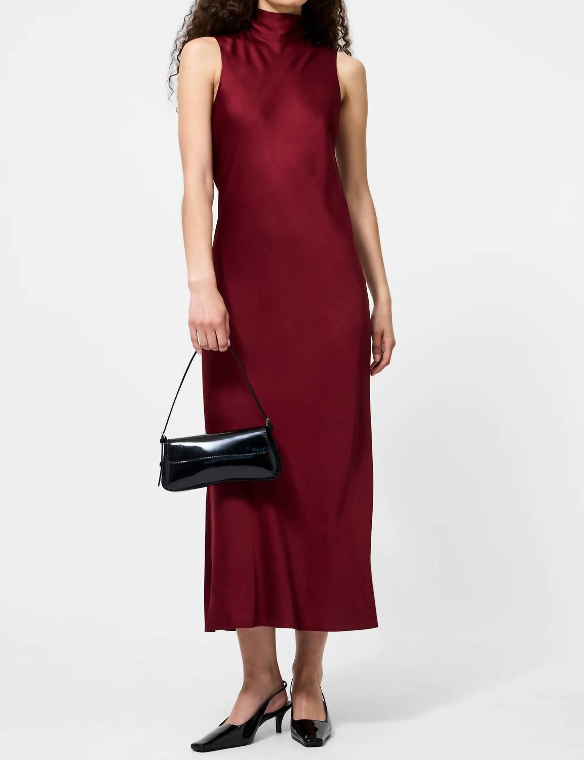 FRENCH CONNECTION Ennis Satin Slevless Bow Midi Dress in cabernet - women's dress