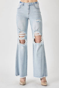 RISEN High Rise Distressed Wide Leg Dad Jeans in light - women's jeans - detail view