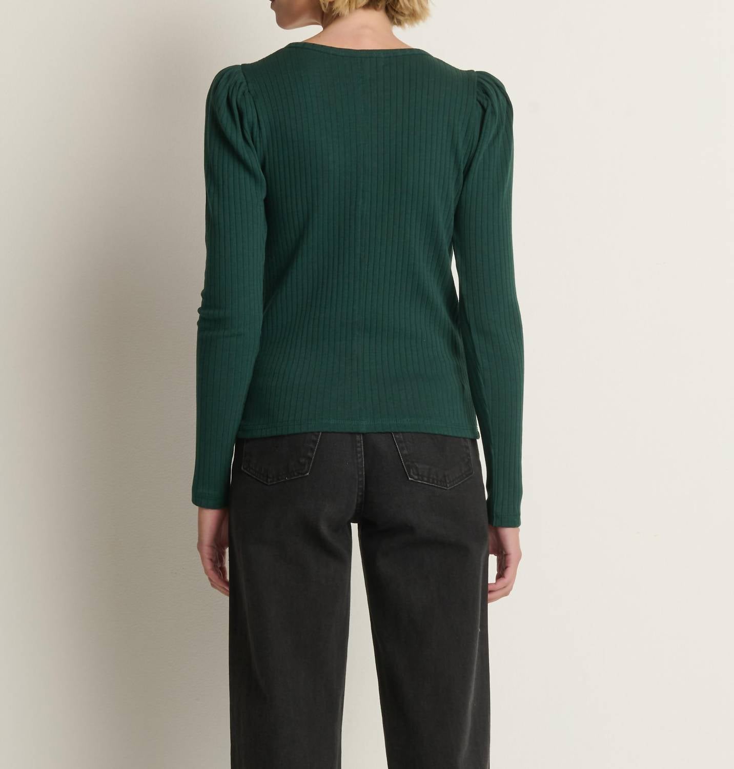 Nation LTD Reeva Henley Top in pine - women's long sleeve top - detail view