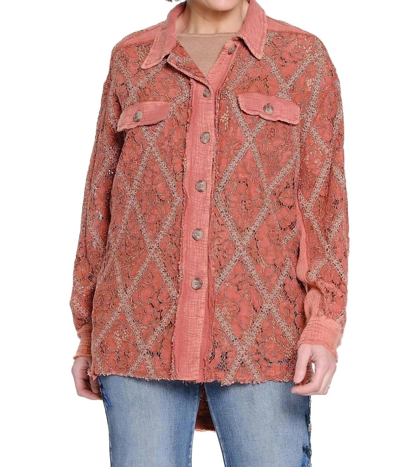 TRU LUXE Lace Patch Top in rust - women's long sleeve top