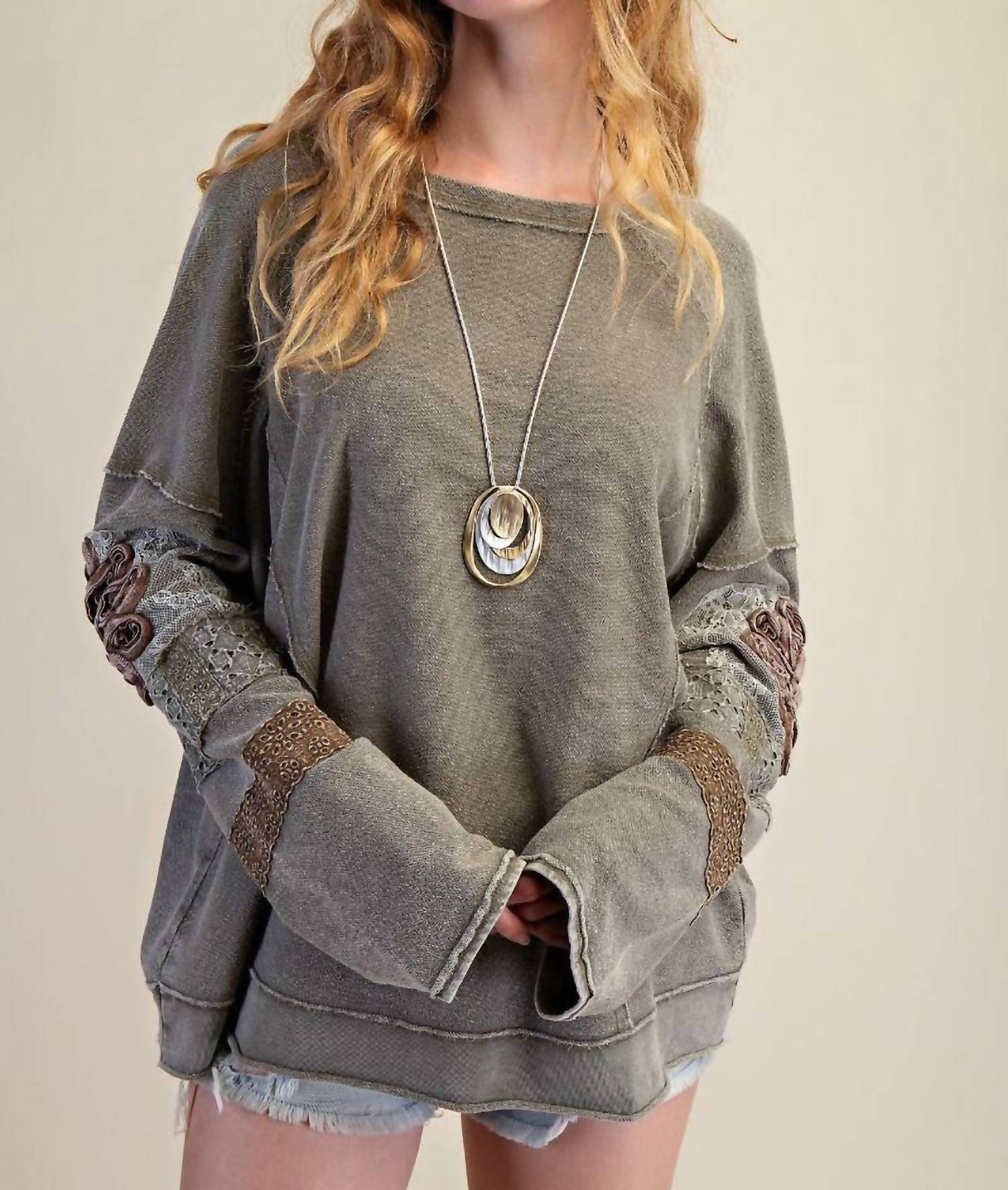 Easel Inside Out Washed Terry Pullover in faded olive - women's sweater
