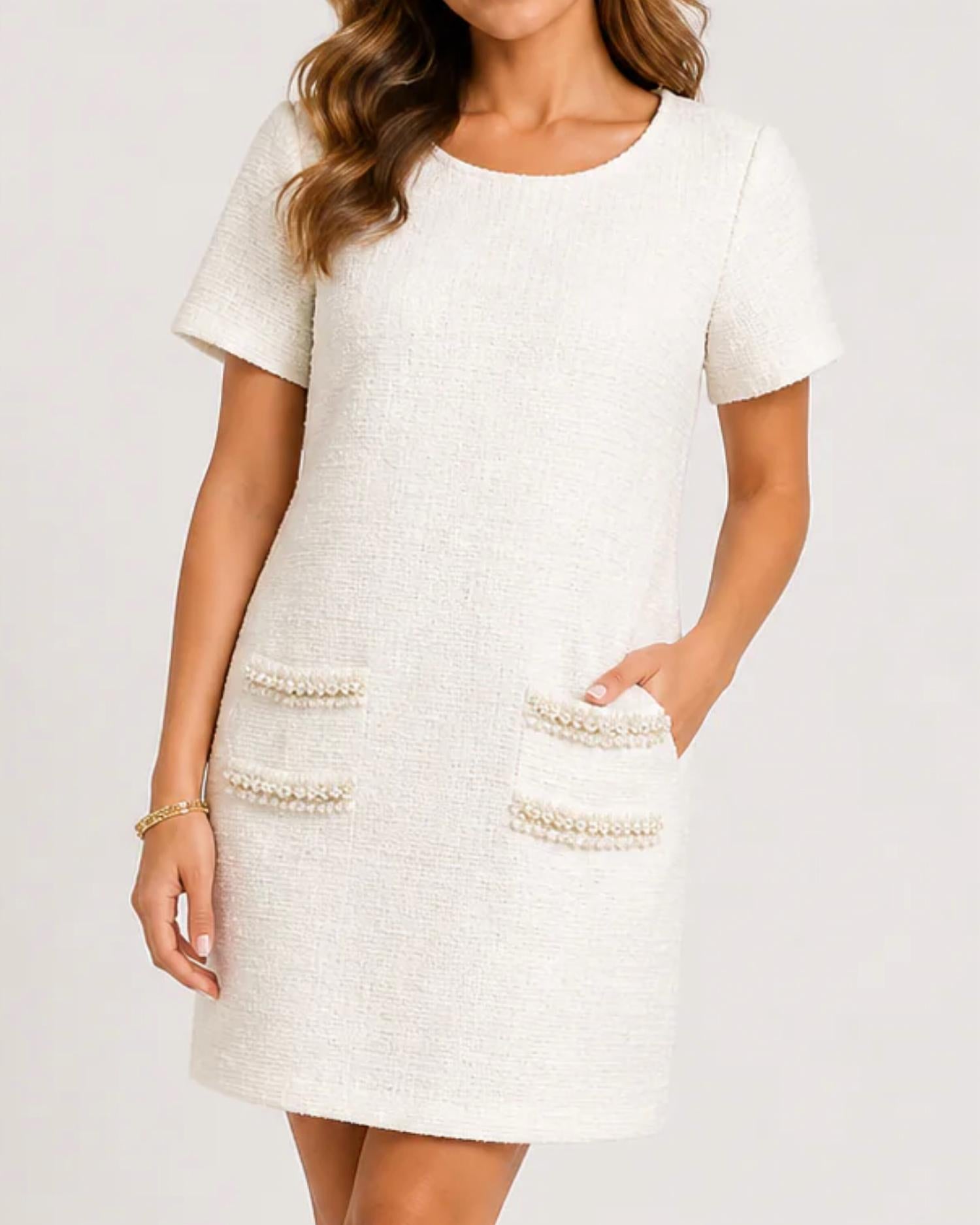 She + Sky - Short Sleeve Pearl Studded Trim Knit Tweed Dress