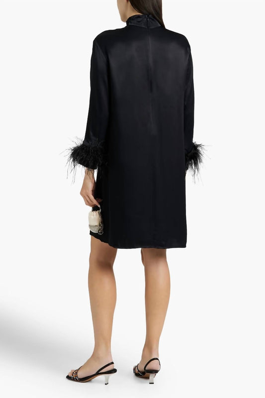 Sleeper - Party Feather Trimmed Satin Dress