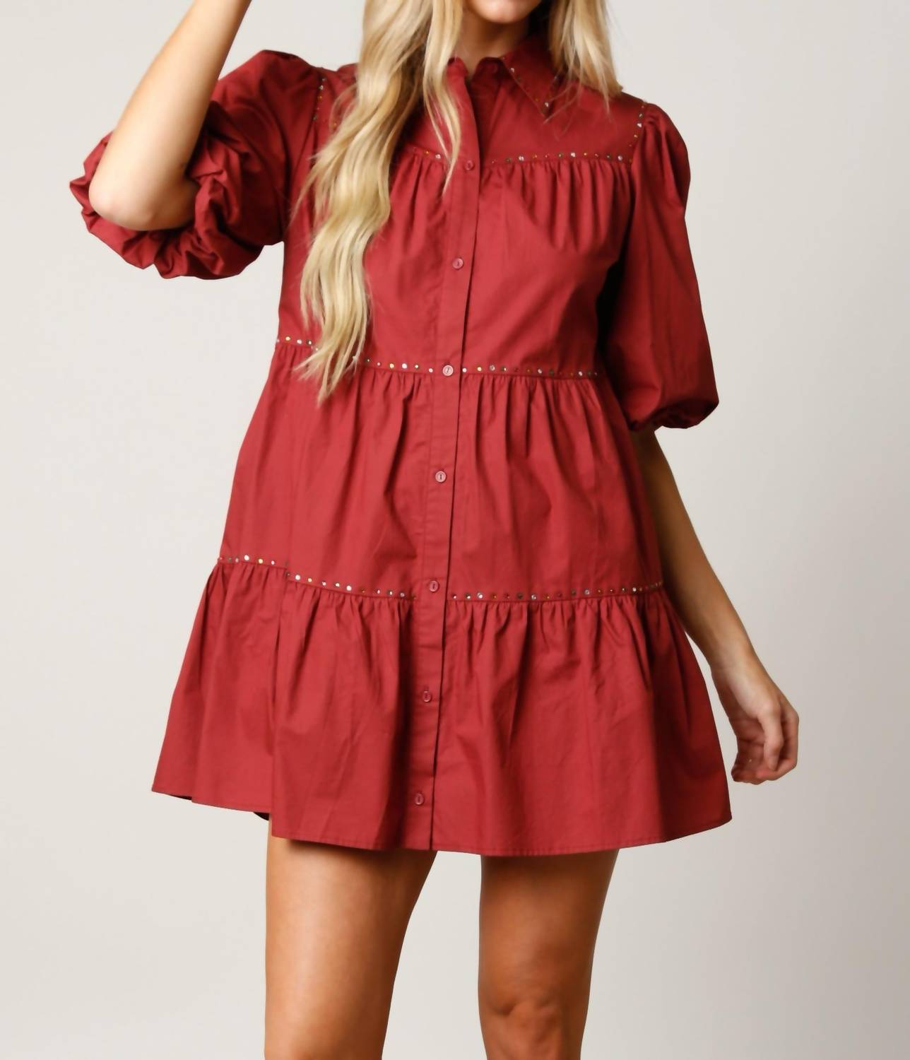Fantastic Fawn - Marsala Puff Sleeve Tiered Shirt Dress