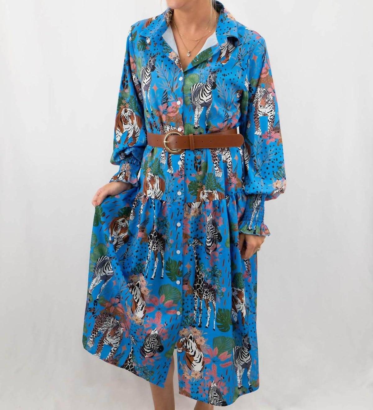 Sundayup - Safari Print Button Up Shirt Midi Dress