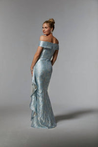 MGNY Off-the-shoulder Neck Metallic Dress in light blue - women's dress - alternate view