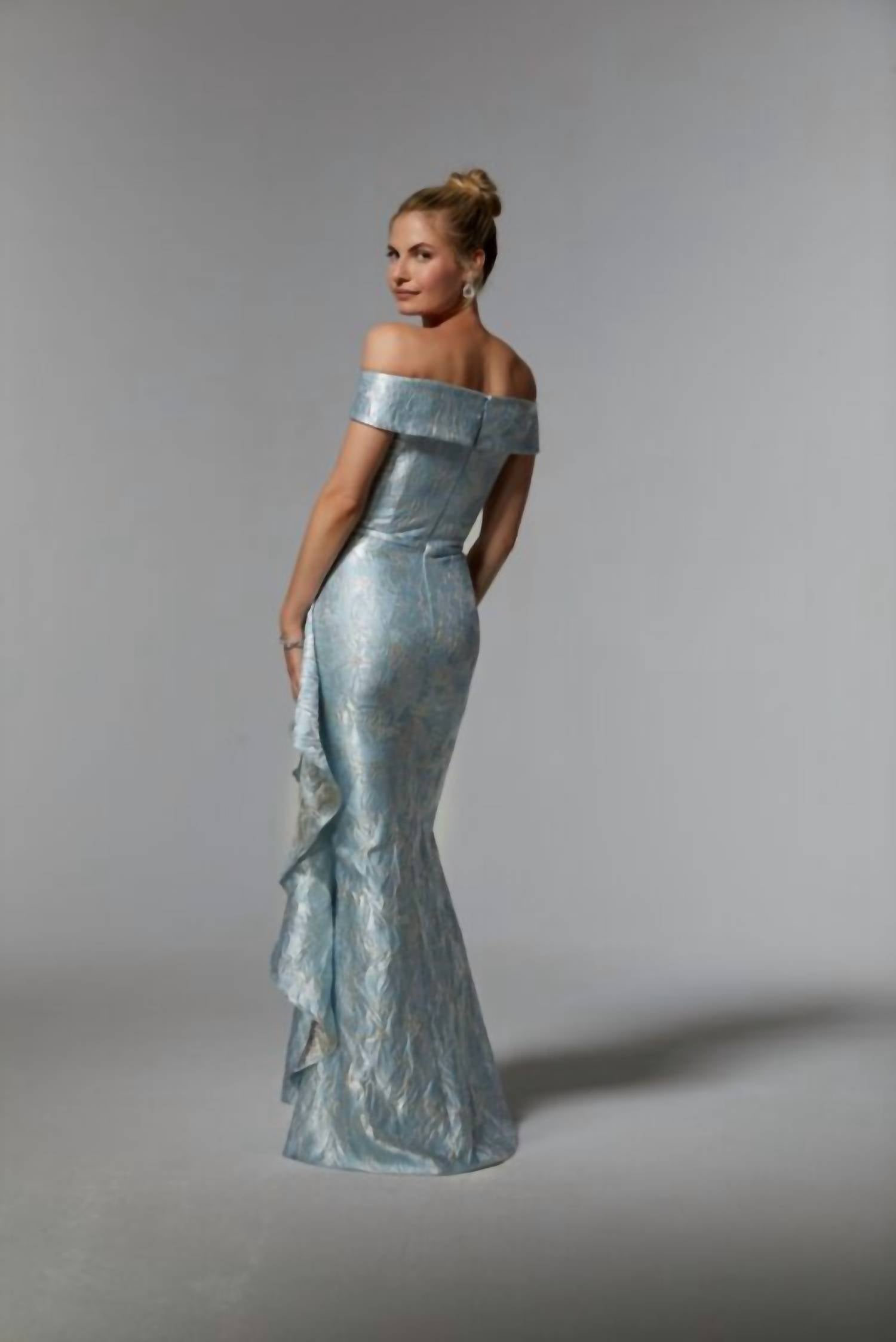 MGNY Off-the-shoulder Neck Metallic Dress in light blue - women's dress - alternate view