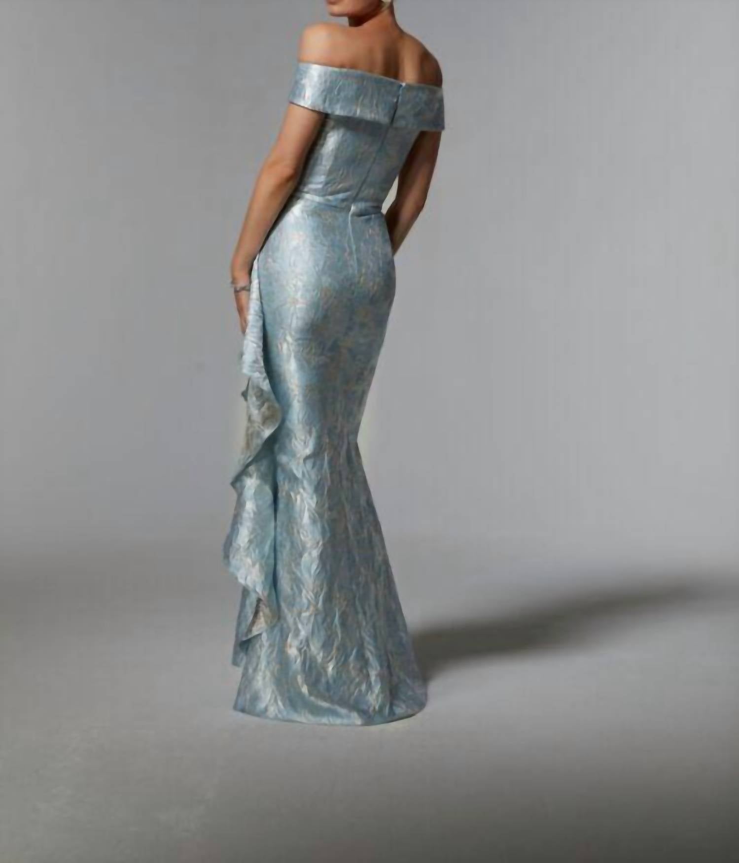 MGNY Off-the-shoulder Neck Metallic Dress in light blue - women's dress - detail view