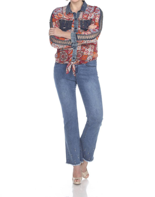 Multi Colored Tie Front Denim Chiffon Blouse With Lattice Sleeve