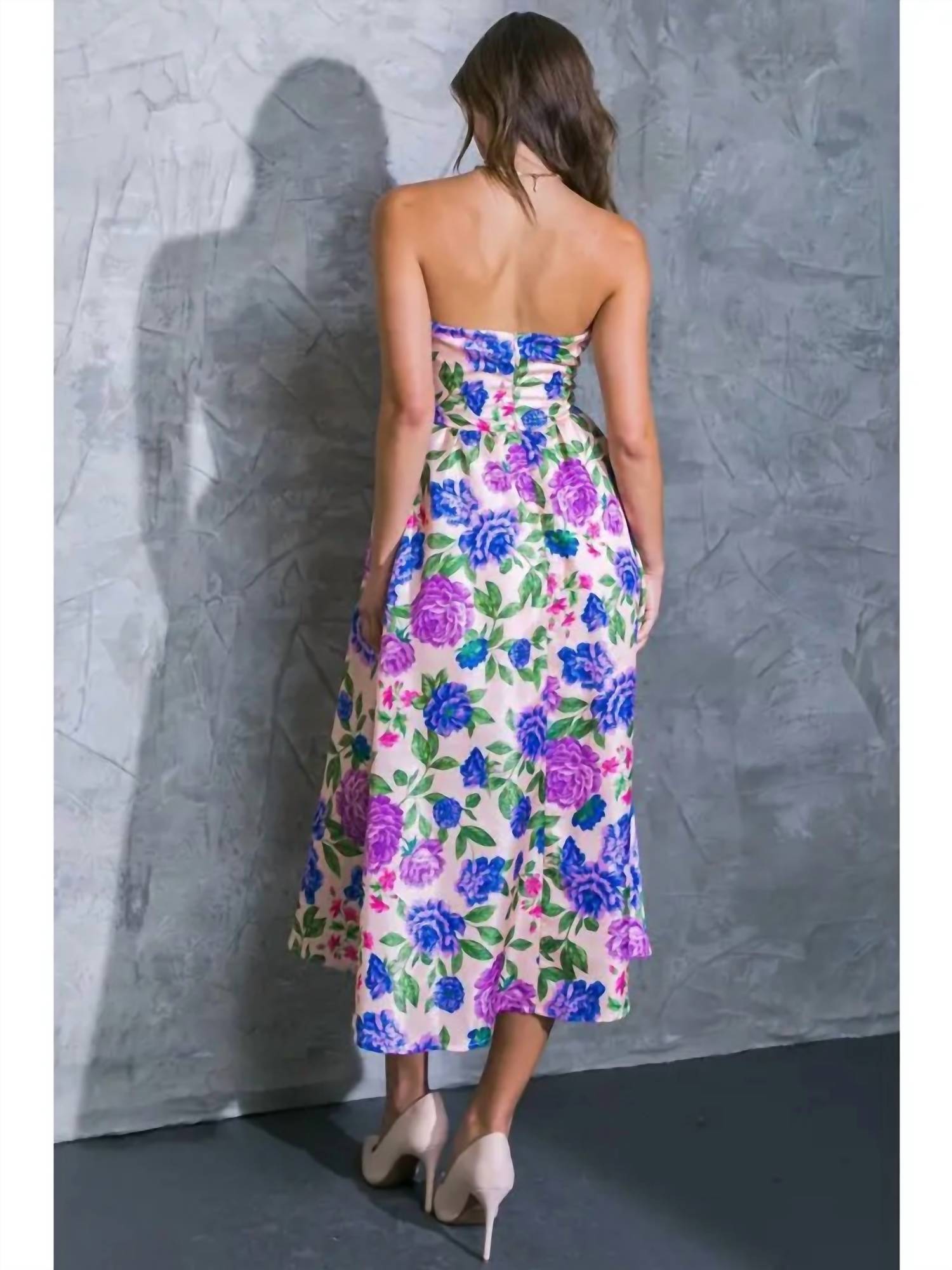 Flying Tomato - Strapless Floral Print Midi Dress