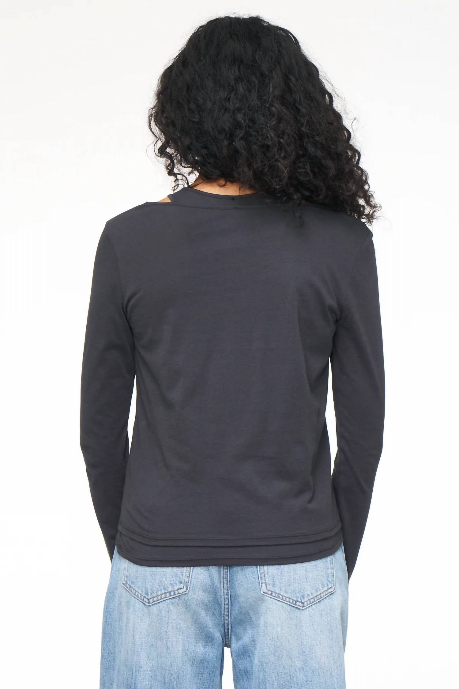 PISTOLA Leah Double Layered Long Sleeve Top in washed black - women's long sleeve top - detail view