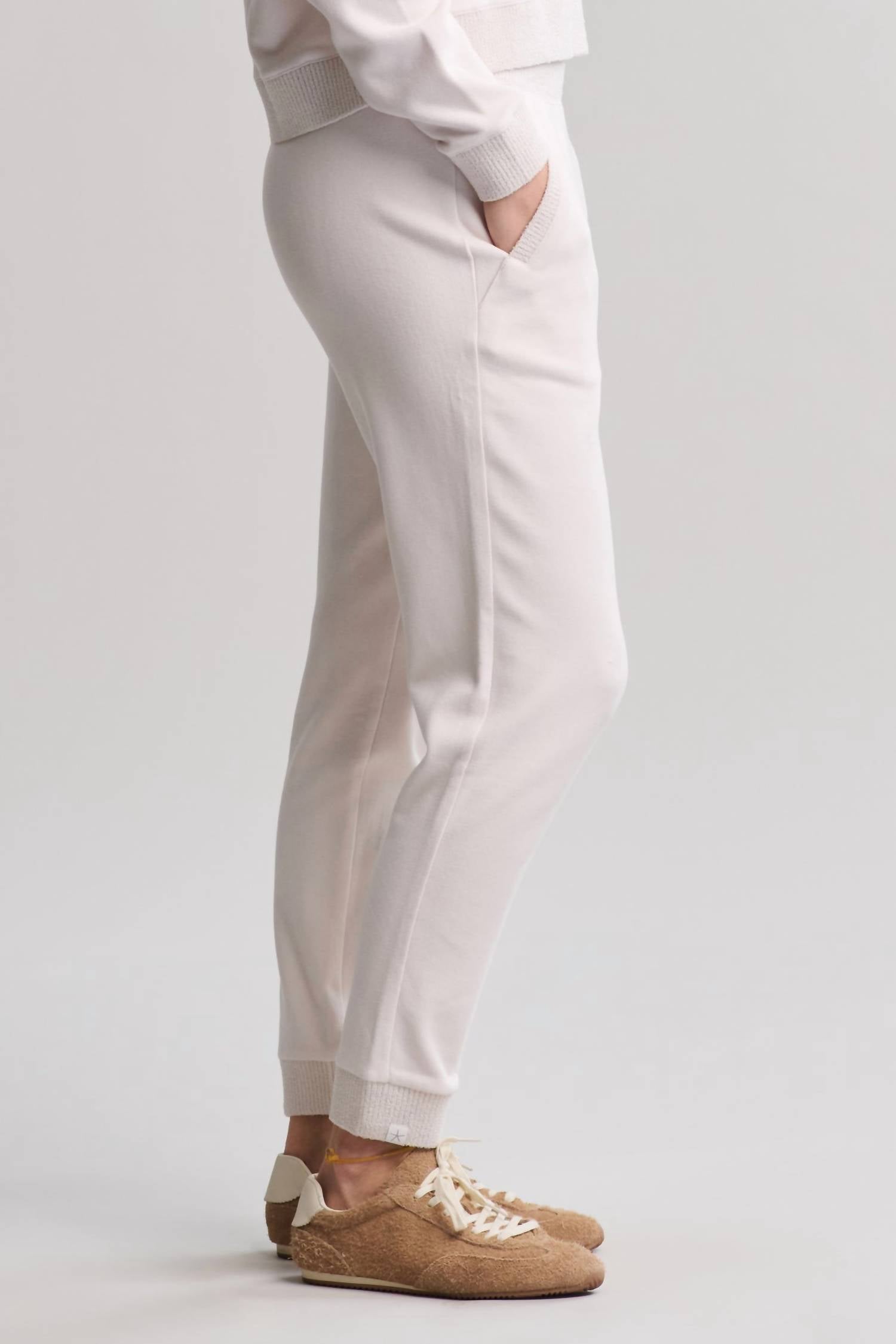 BAREFOOT DREAMS Brushed Fleece Jogger With CozyChic Ultra Lite Rib in sand dune - women's pants - detail view