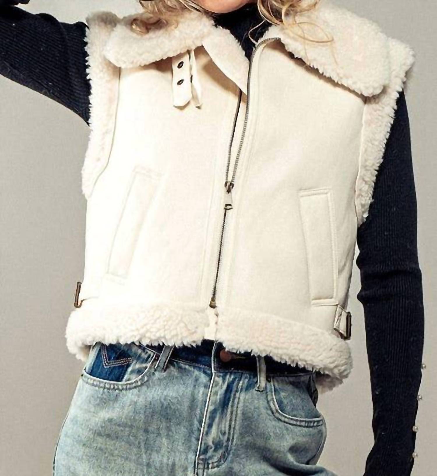 Urban Daizy Sherpa Lined Cropped Vest in ivory - women's jacket - view 4