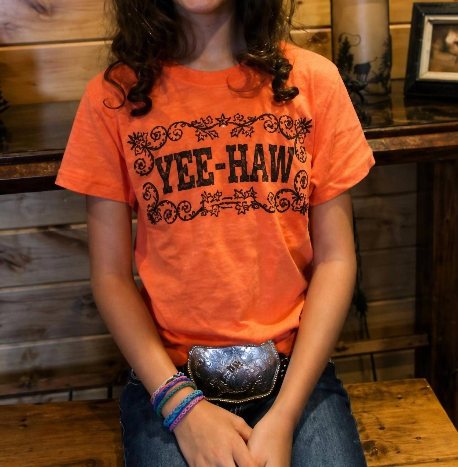 Cowgirl Justice Girls Yee Haw Tee in papaya - kids' t-shirt