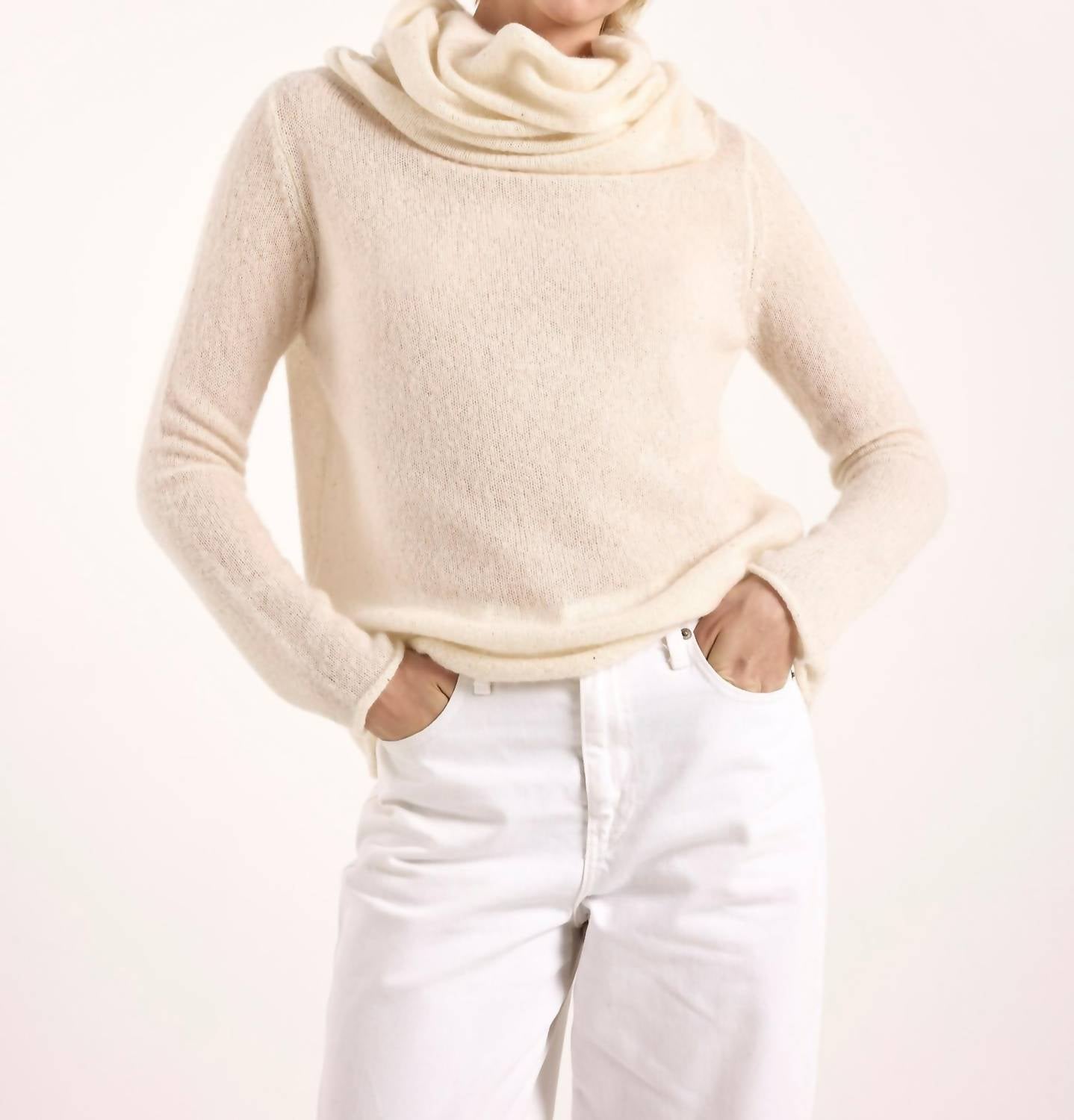 Brodie Cashmere Estelle Sparkle Hooded Cowl Neck Cashmere Jumper in ivory - women's long sleeve top - detail view