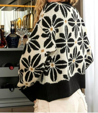 BiBi Long Sleeve Flower Sweater Top in black ivory - women's sweater - detail view