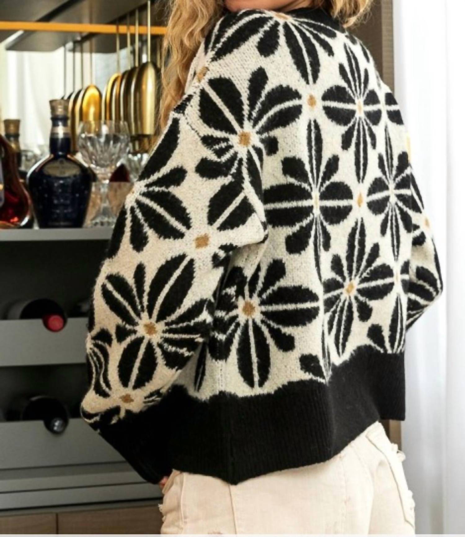 BiBi Long Sleeve Flower Sweater Top in black ivory - women's sweater - detail view