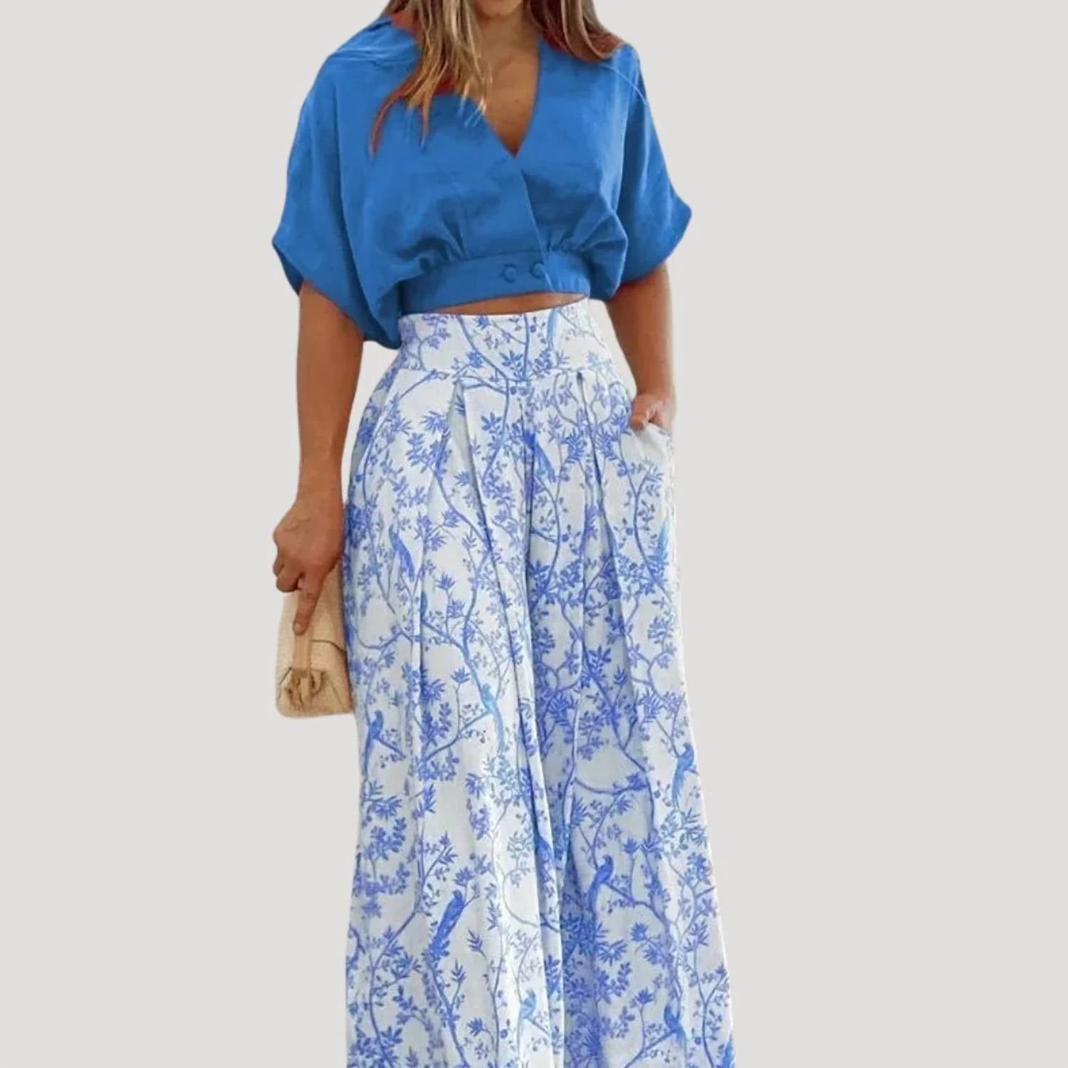 Paperdoll - V-neck Short Shirt And Wide Leg Pants Set