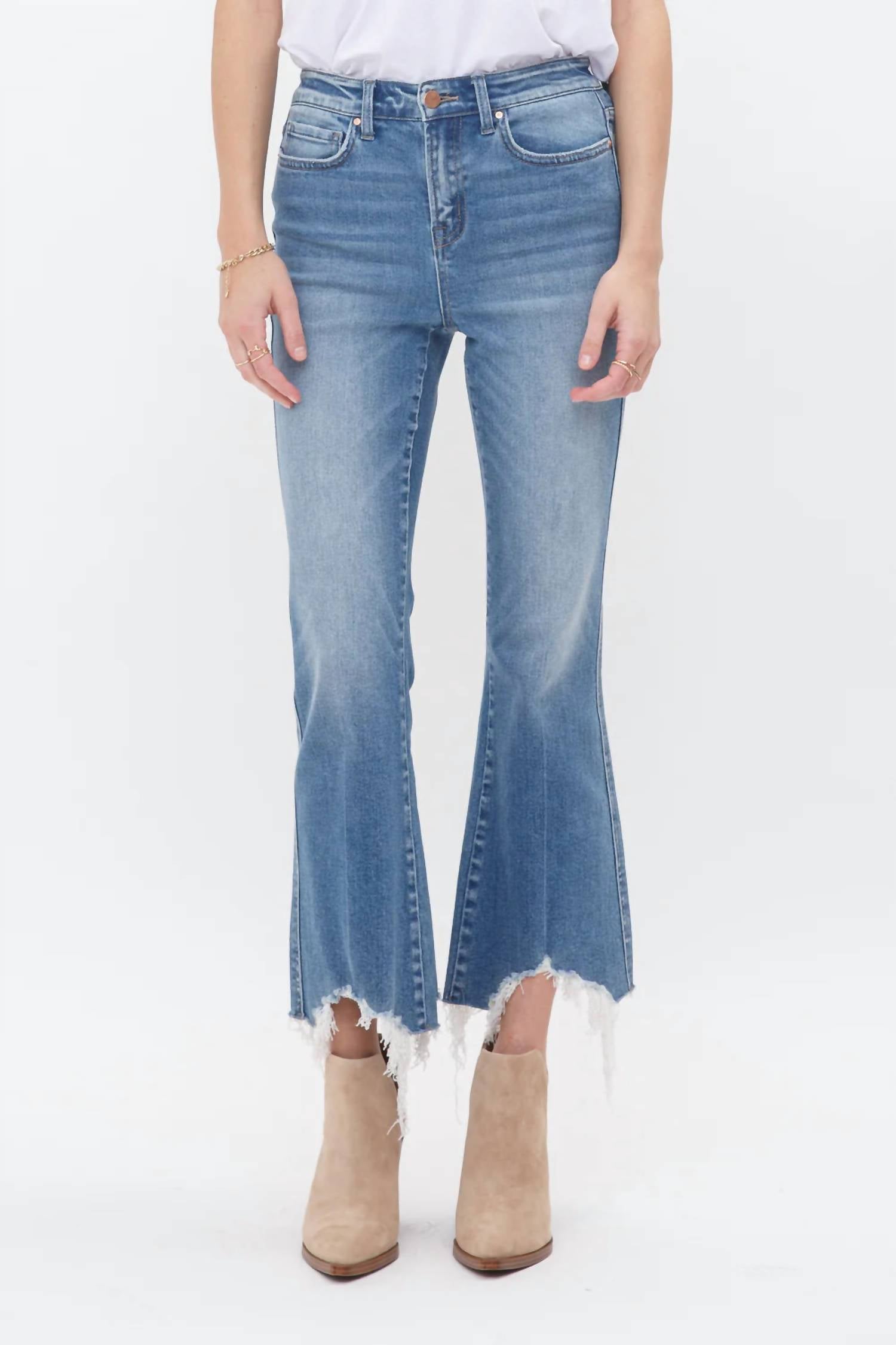 Mica Denim - High Rise Crop Flare Uneven Hem Jean