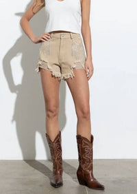 Blue B - Distressed Frayed Detail Fringe Rhinestone Denim Shorts