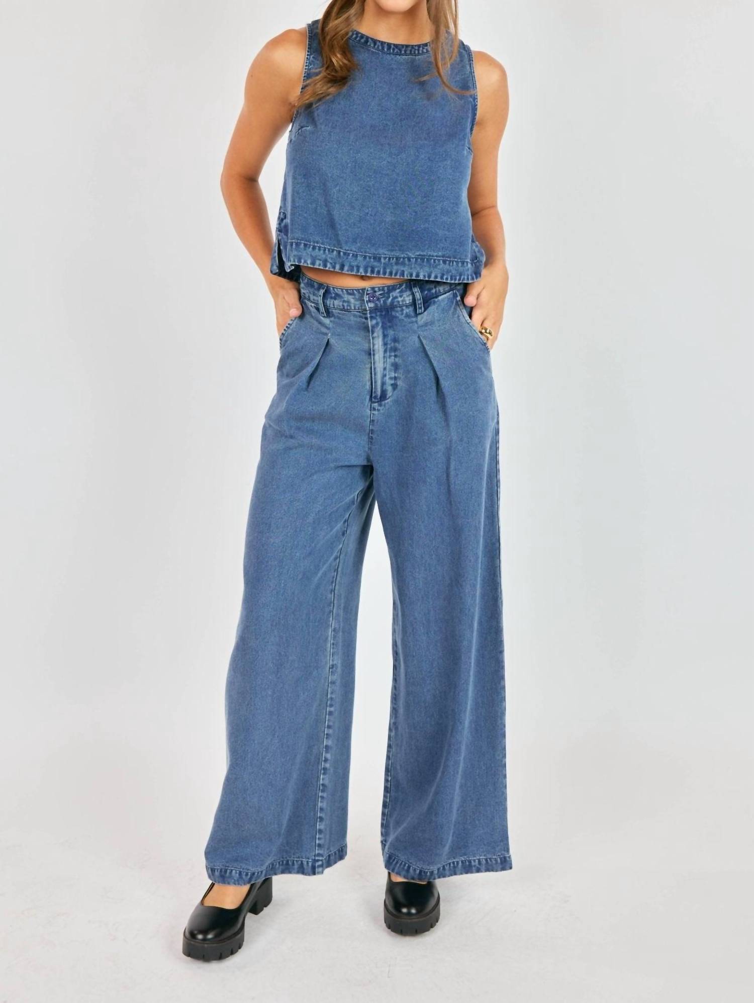 Sadie & Sage It's Pouring Sleeveless Top in denim - women's tank top - detail view