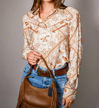 Blue B Western Printed Long Sleeve Button Up Shirt in off white rust - women's shirt - view 4