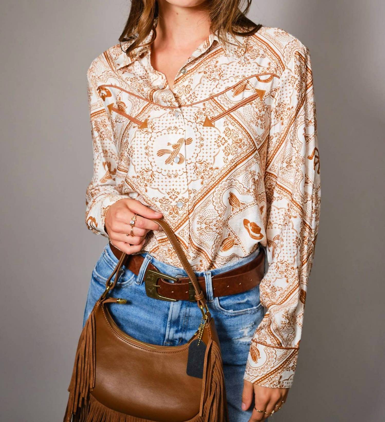Blue B Western Printed Long Sleeve Button Up Shirt in off white rust - women's shirt - view 4