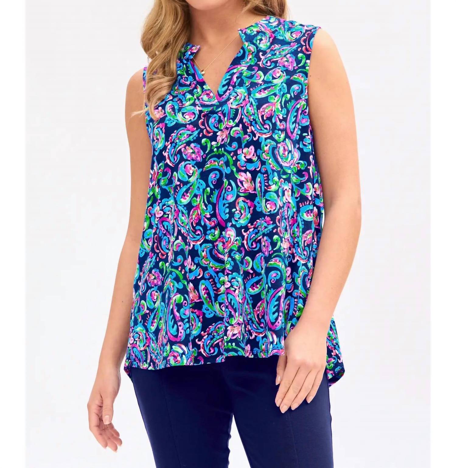 Dear Scarlett Abstract Print Mandarin Collar Sleeveless Top in royal blue - women's tank top