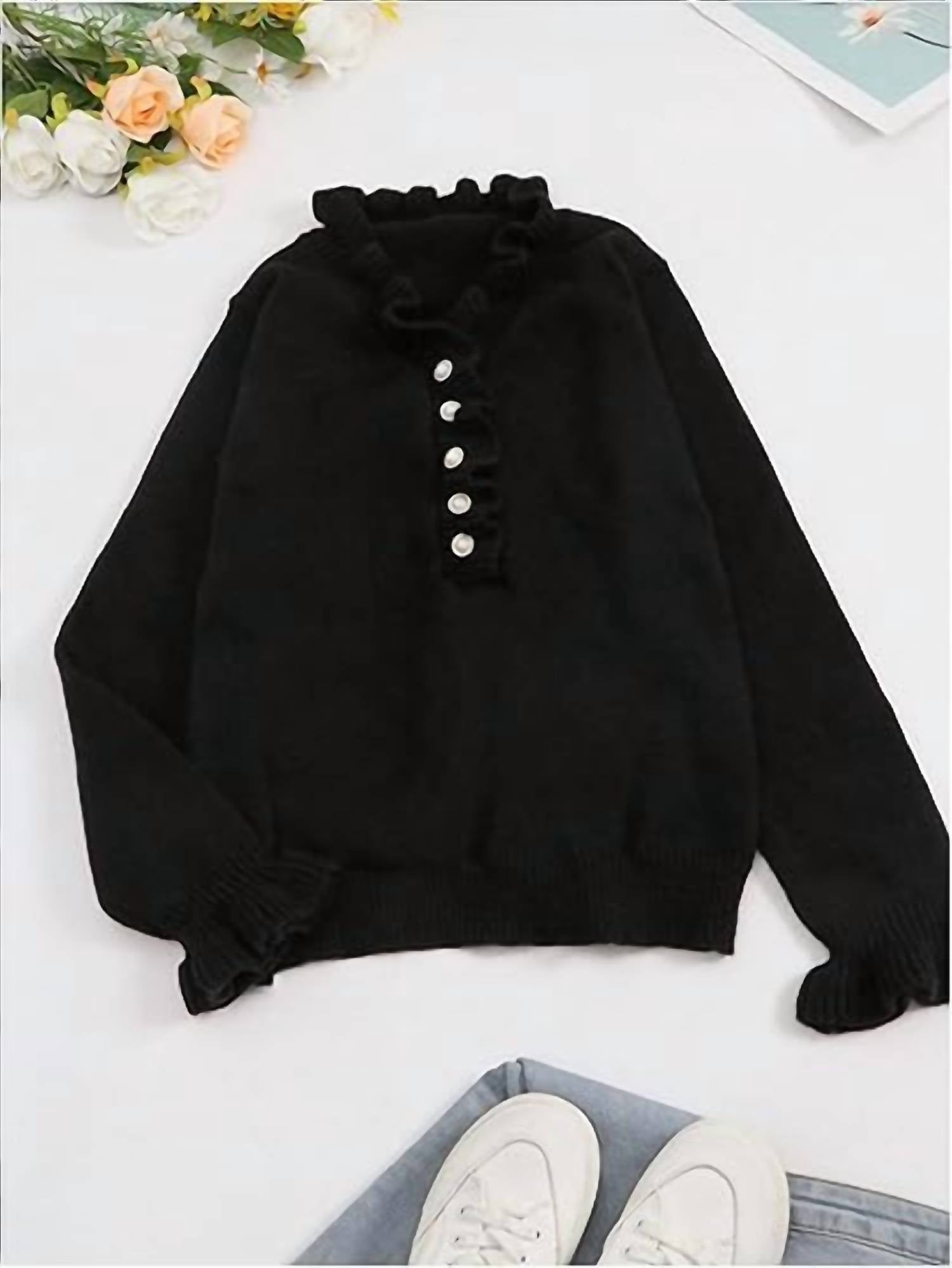 Hiddenbrand - Shelby Ruffle Knit Contrast Trim V-neck Sweater