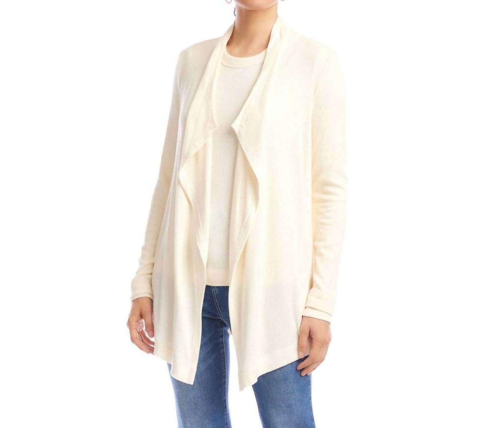 Karen Kane Long Sleeve Ribbed Drape Front Cardigan - Petite in dark cream - women's cardigan - detail view