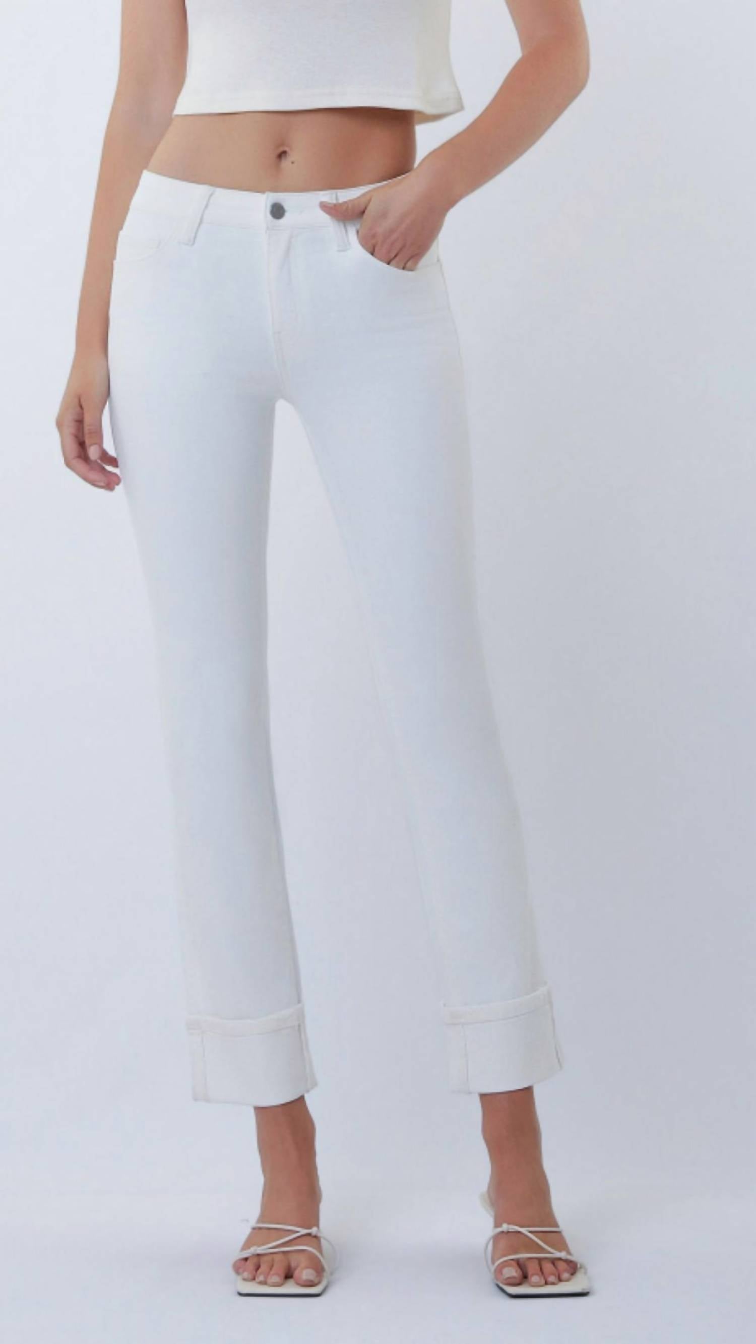 VERVET BY FLYING MONKEY Mid Rise Cuffed Crop Slim Straight Jeans in optic white - women's jeans - view 4