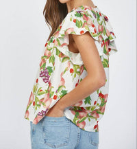 Fate Fruit Print Flutter Sleeve Split Neck Top in cream multi - women's blouse - view 8