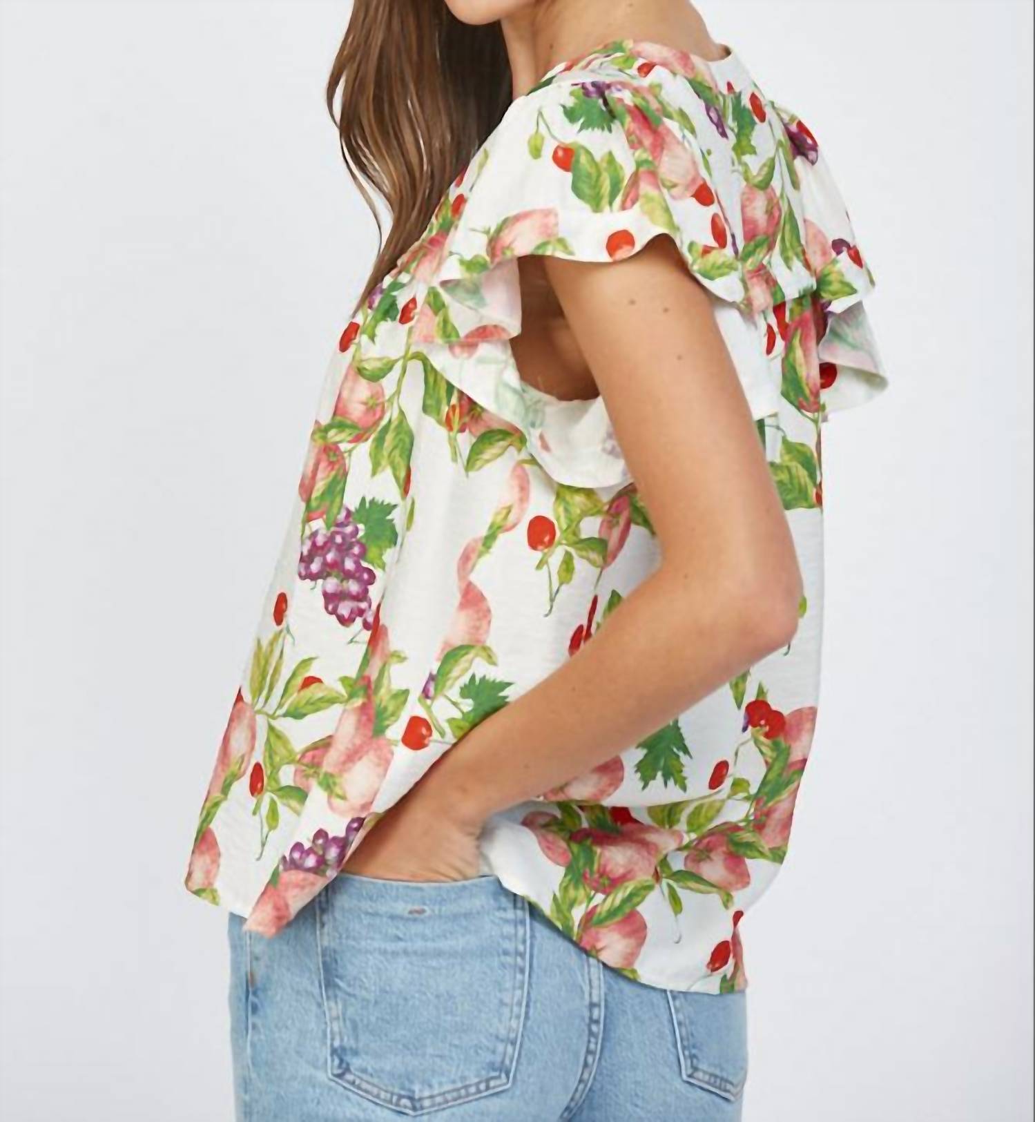Fate Fruit Print Flutter Sleeve Split Neck Top in cream multi - women's blouse - view 8