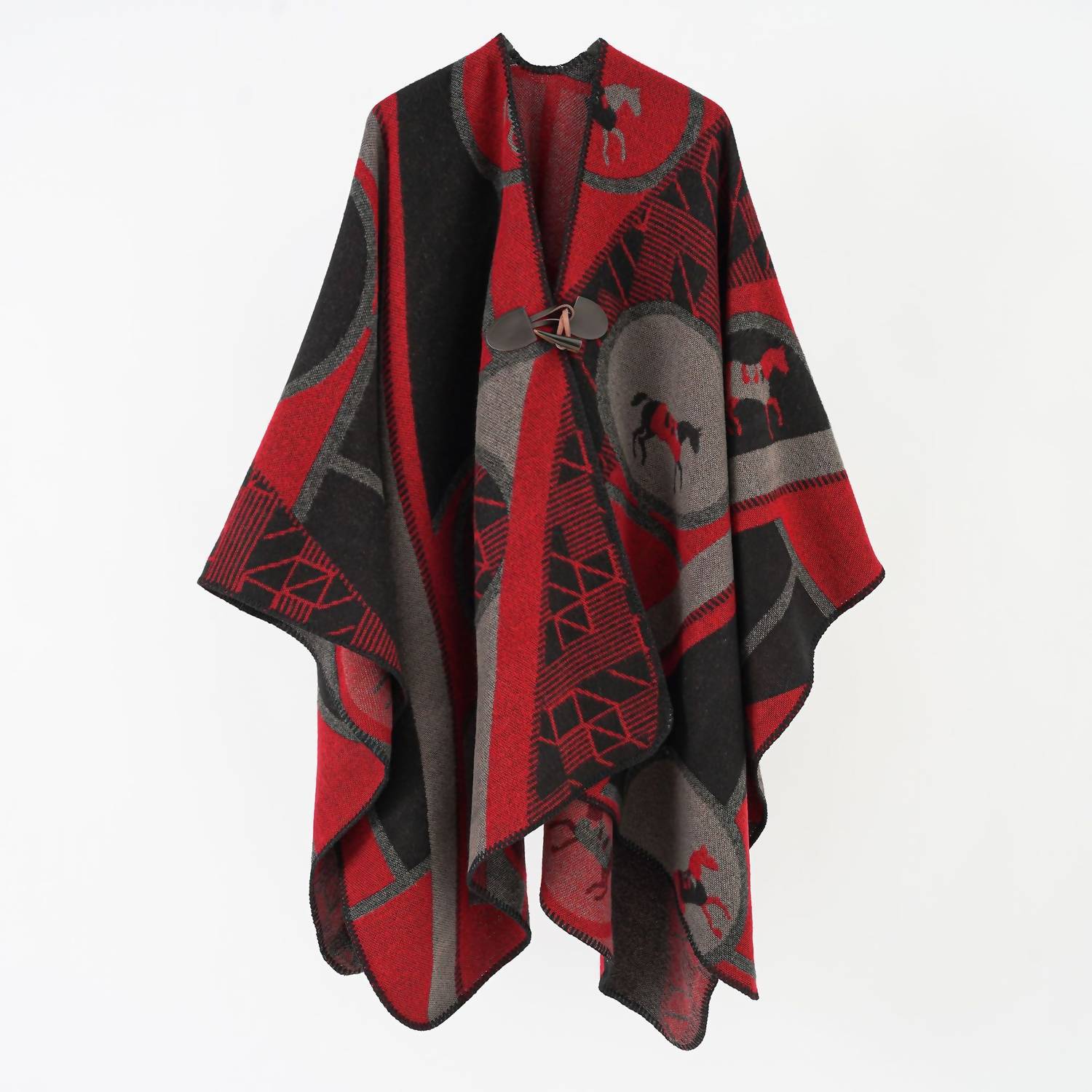 Daphne Lo - Women's Patterned Poncho With Button Latch Closure