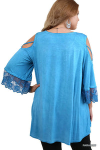 Umgee - Washed Cold Shoulder Lace Trim Top