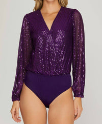 She + Sky - Sequin Surplice V-neck Bodysuit