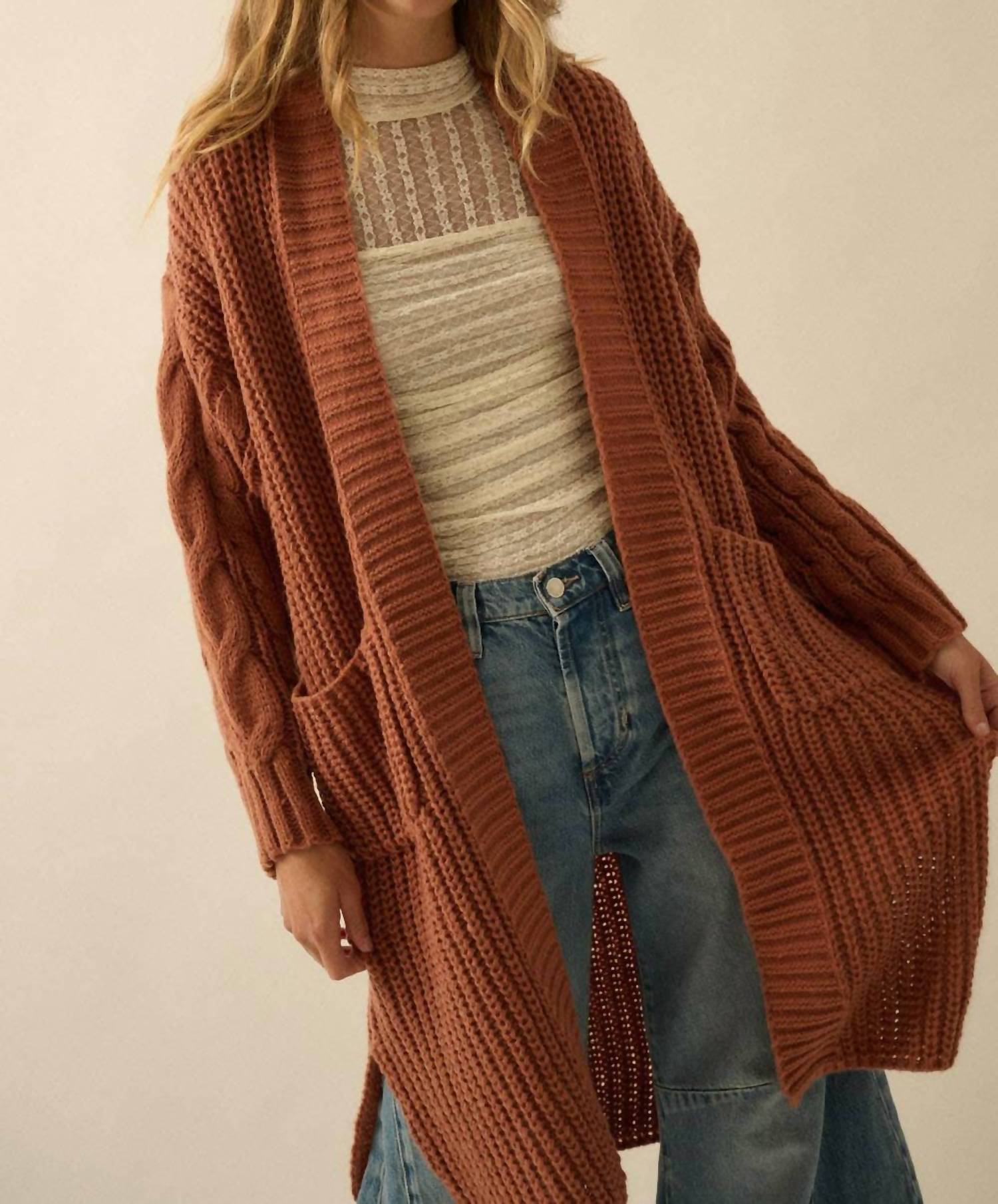 Promesa - Solid Rib Knit Open Front Cable Knit Cardigan